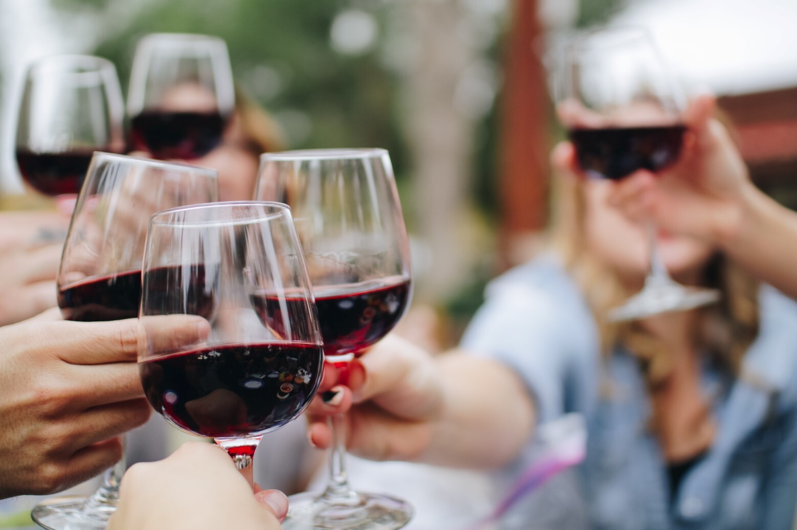 group of people cheers with glasses of red wine